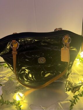Coach Black Patent Tote with Tan Trim - Women's Bag